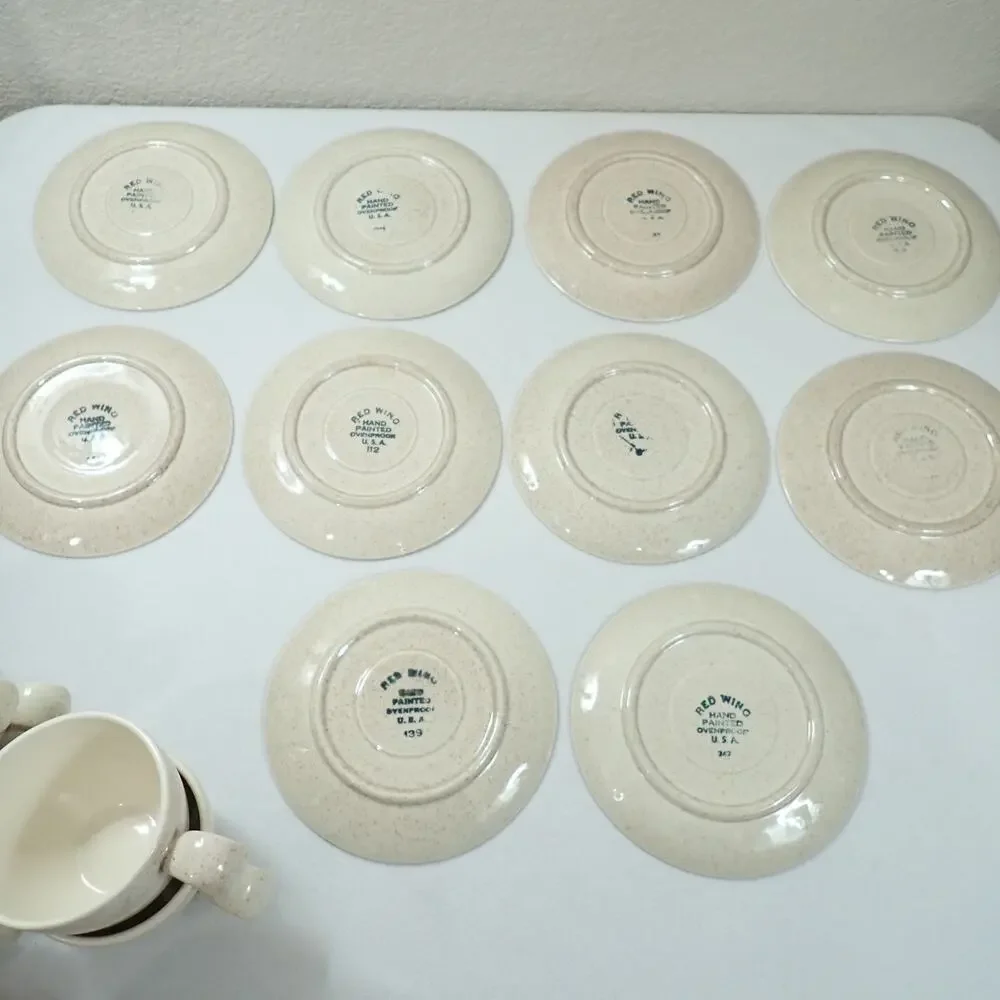 Red Wing Bob White Quail 10 Cup Saucer Sets MCM Hand Painted Pottery Vintage